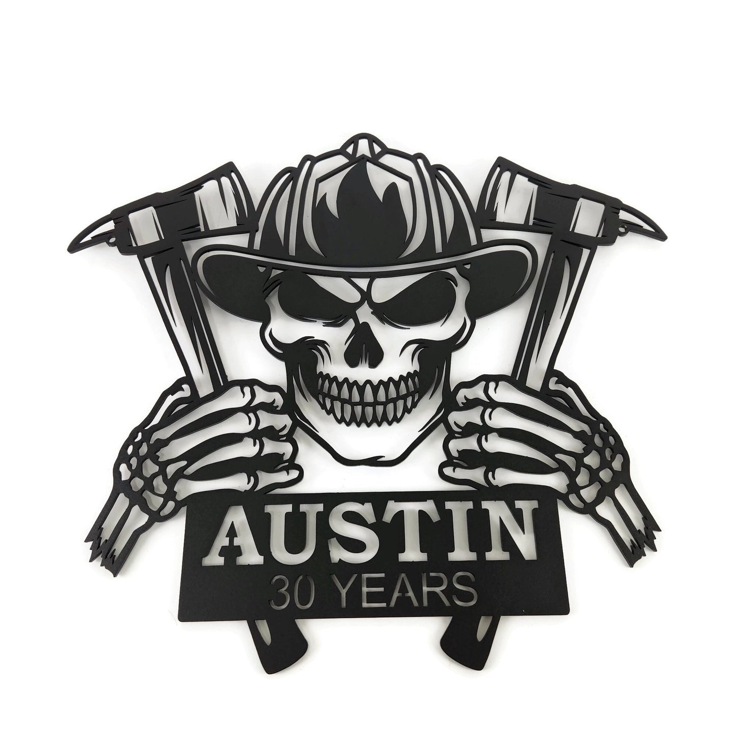 Fireman's Skull Crest with Hatchets Custom Metal Sign 18 to 24 Inches Tall
