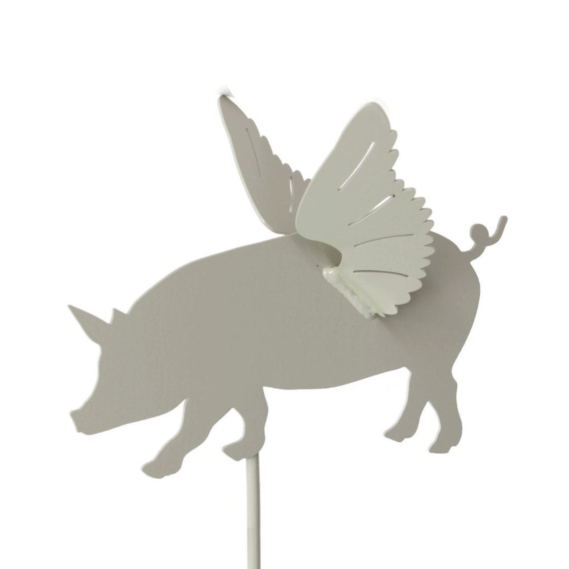 Metal flying pig garden stake in cream powder coat