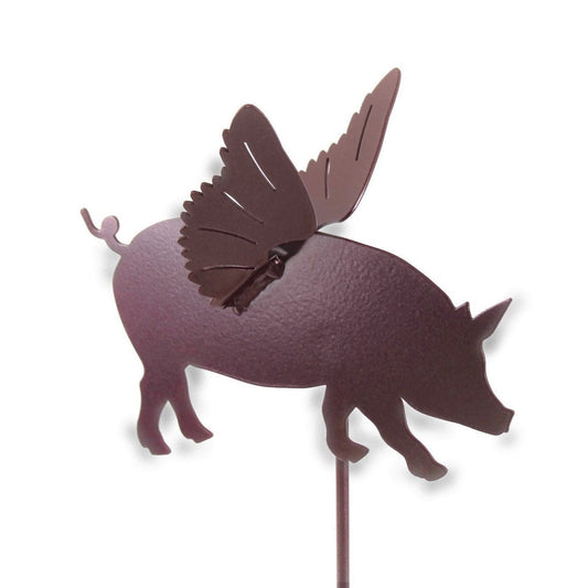 Metal flying pig garden stake in metallic berry powder coat