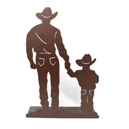 Copper powder coat metal cowboy and son tabletop stand