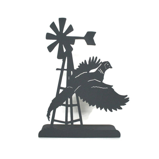 Gray powder coat windmill and pheasant metal tabletop stand