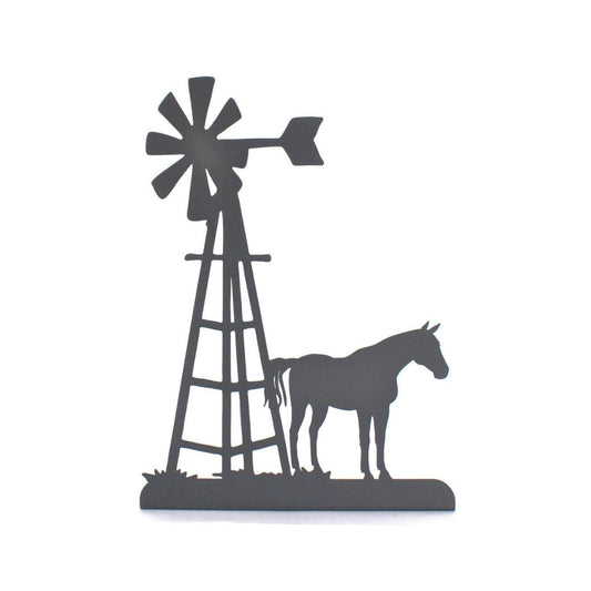 Gray powder coat windmill and horse metal tabletop stand