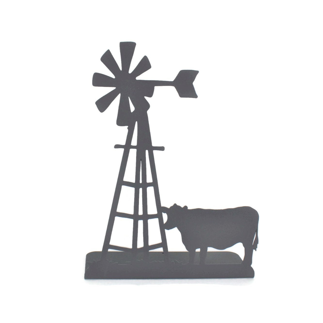 Windmill and Cow Metal Tabletop Decor 14.2 Inches Tall