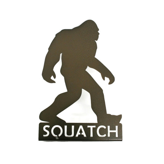 Metallic bronze powder coat sasquatch squatch text metal tabletop stand
