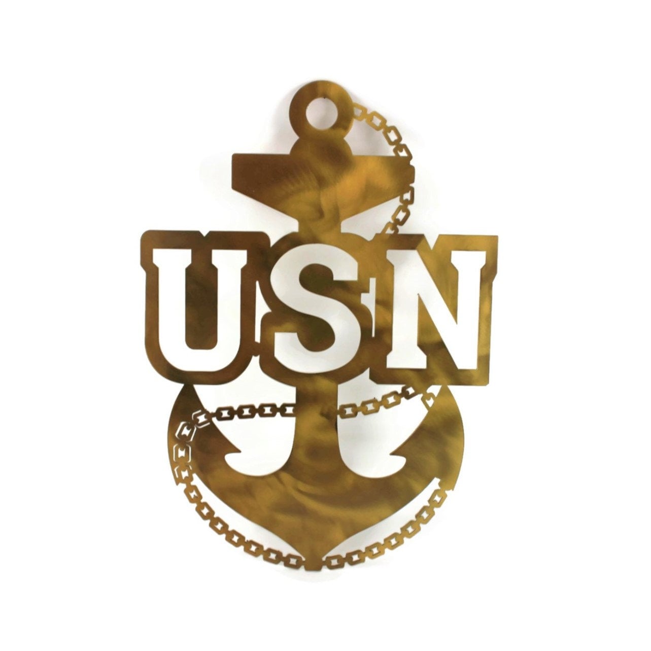 Translucent gold fouled anchor metal wall sign with USN text