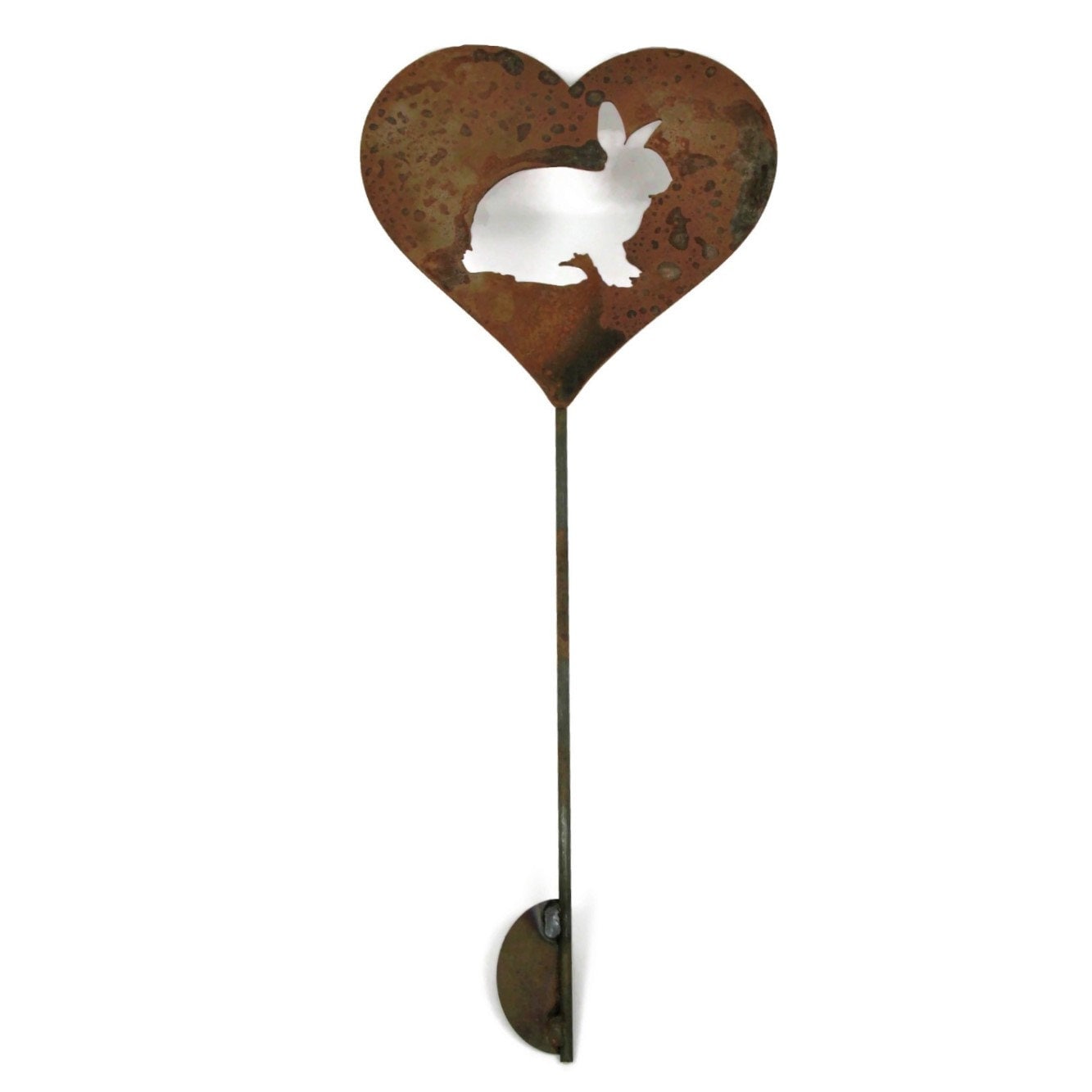 Custom heart-shaped rusty garden stake sign in rust with a bunny rabbit silhouette