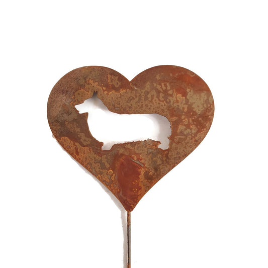 Heart-shaped corgi dog memorial sign in naturally rusted finish