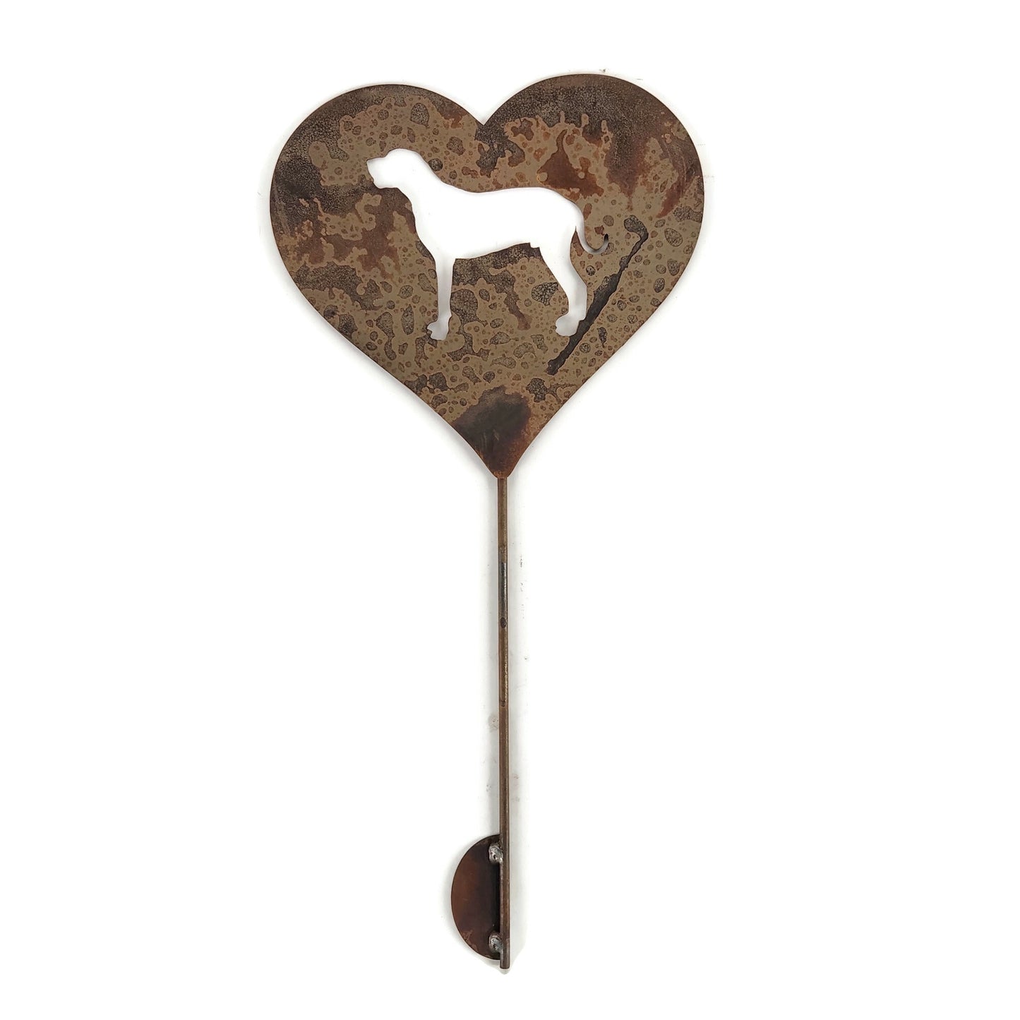Custom heart-shaped rusty garden stake sign in rust with a great dane dog silhouette