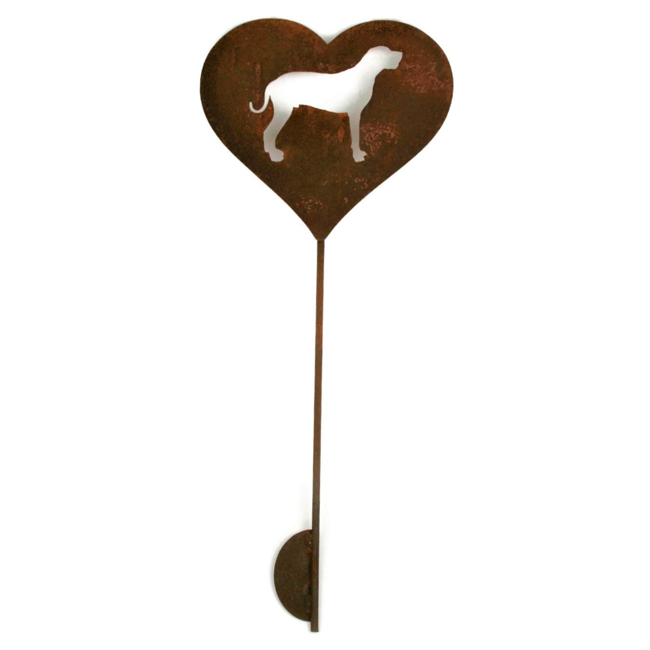 Custom heart-shaped rusty garden stake sign in rust with a great dane dog silhouette