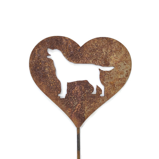 Heart-shaped rusty garden stake sign in rust with a labrador dog silhouette