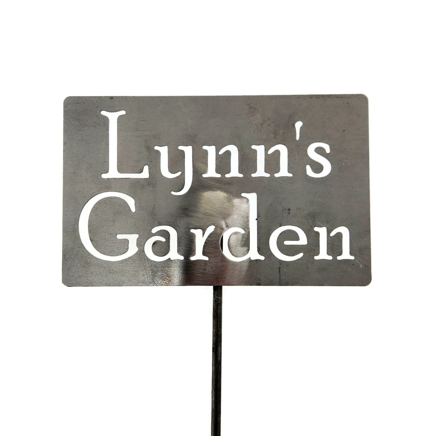 Custom metal garden stake in raw steel with Lynn's Garden for text