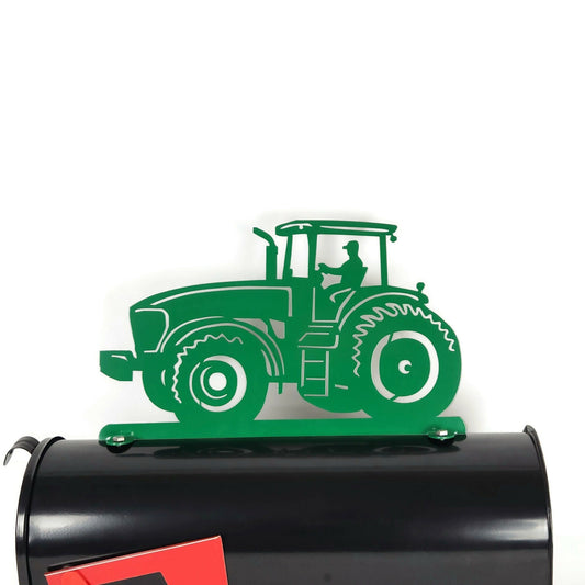 Green modern tractor mailbox topper installed on a mailbox