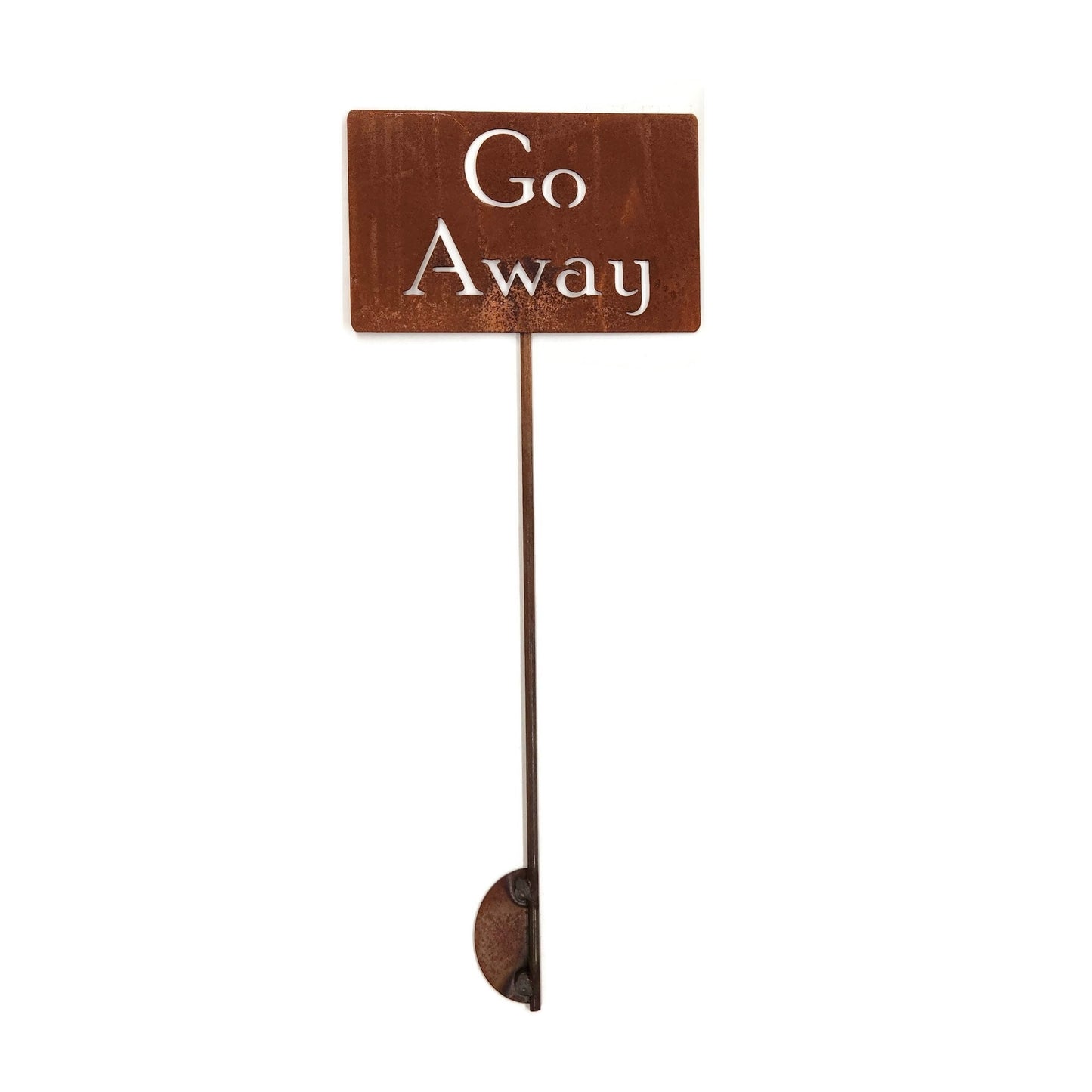 Go Away rusty garden stake sign