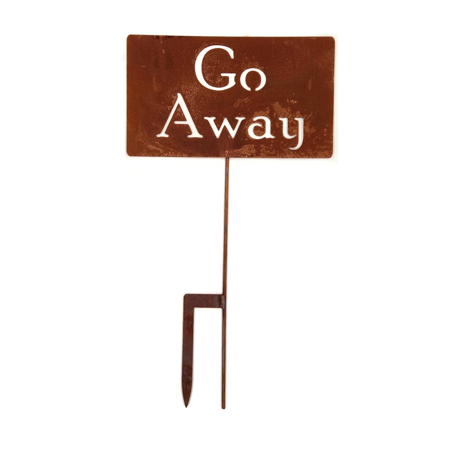 Go Away large rusty garden stake sign