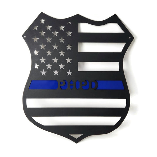 Black and blue powder coat metal police badge wall sign