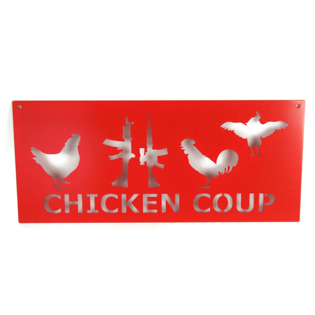 Red powder coat metal hanging chicken sign with silhouettes of hens, chicks, roosters, and a rifle gun with text saying Chicken Coup