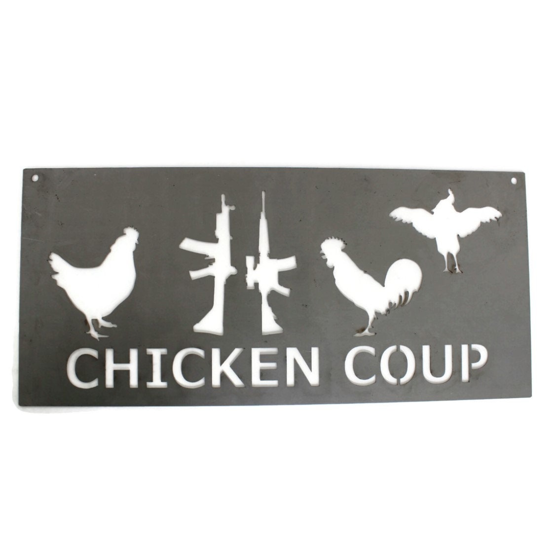Raw steel metal hanging chicken sign with silhouettes of hens, chicks, roosters, and a rifle gun with text saying Chicken Coup