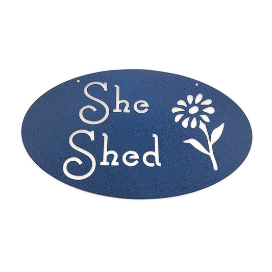 Hammered blue powder coat She Shed with Daisy metal hanging sign