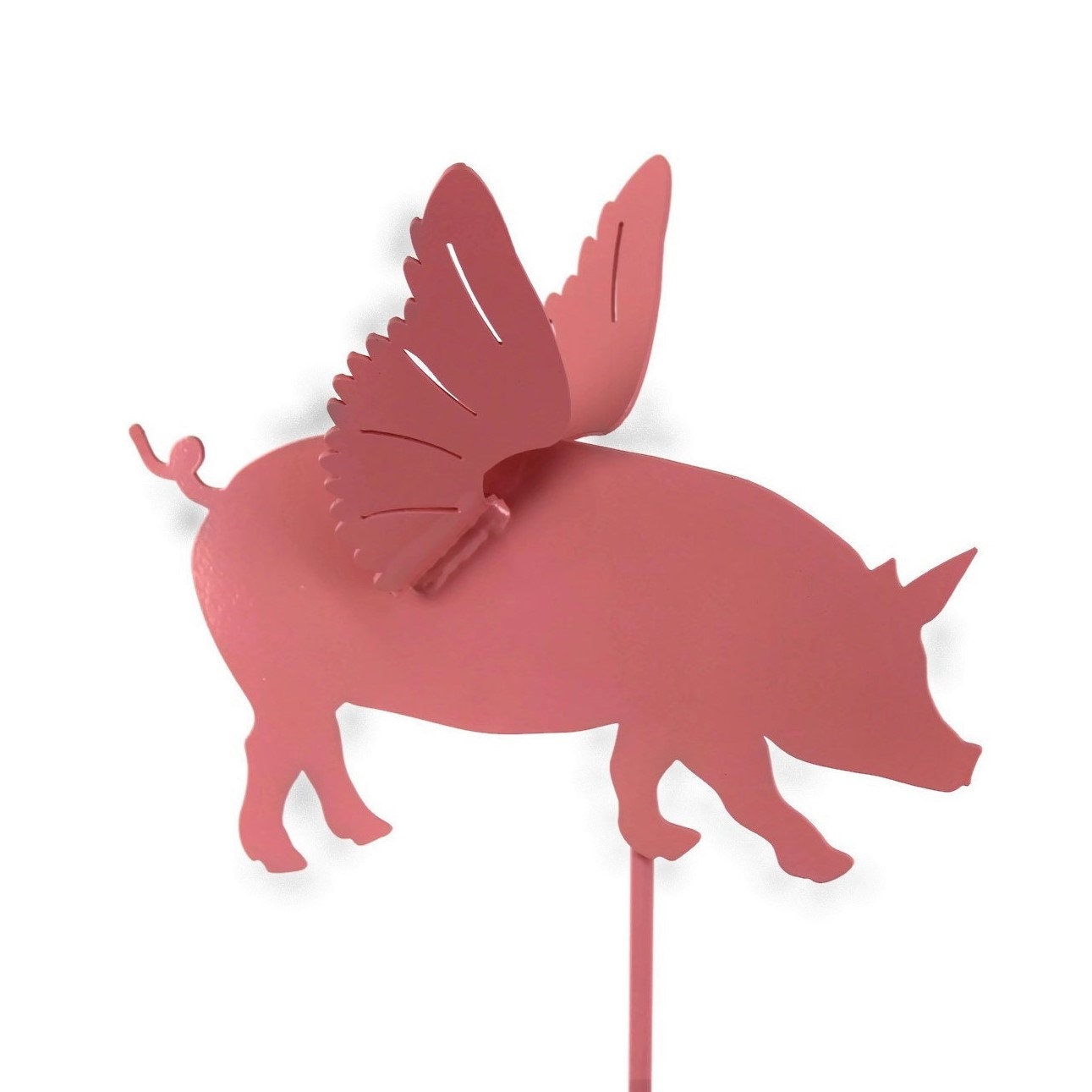 Metal flying pig garden stake in pink powder coat