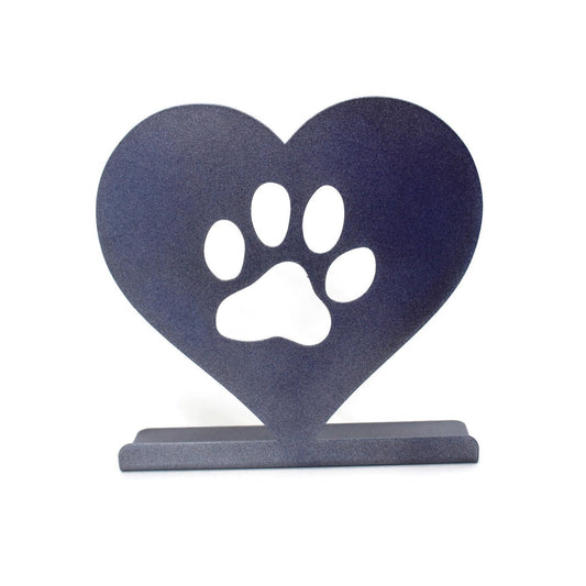 Metallic blue gray powder coat heart-shaped paw print metal tabletop stand