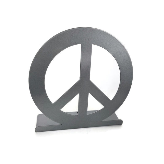 Metallic dark gray powder coat metal peace sign tabletop stand