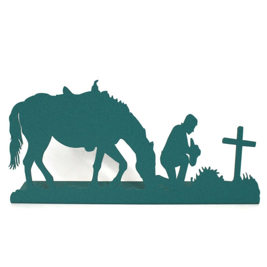 Copper patina green powder coat metal praying cowboy, horse, and cross tabletop stand