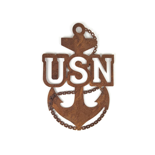 Rusty fouled anchor metal wall sign with USN text