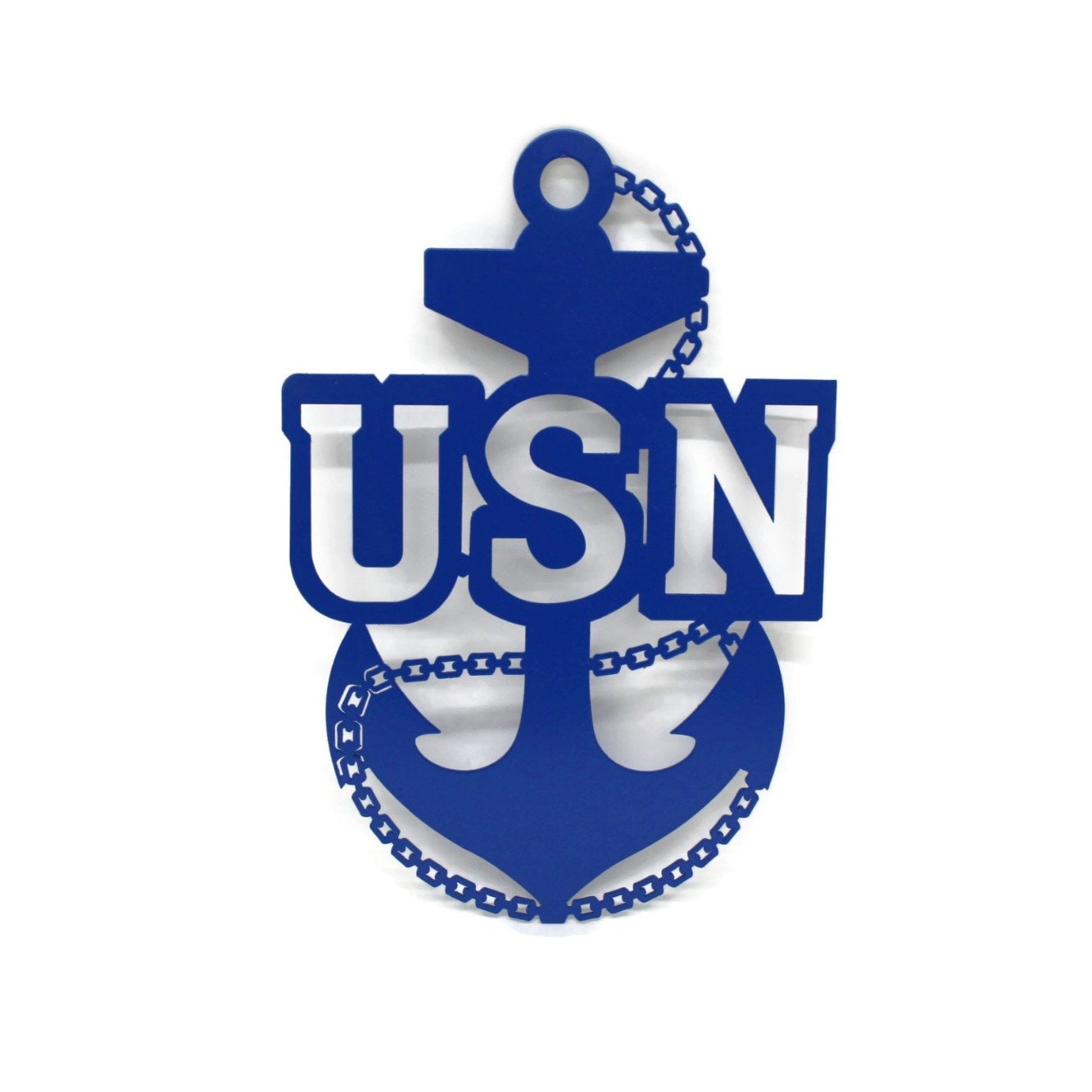 Blue powder coat fouled anchor metal wall sign with USN text