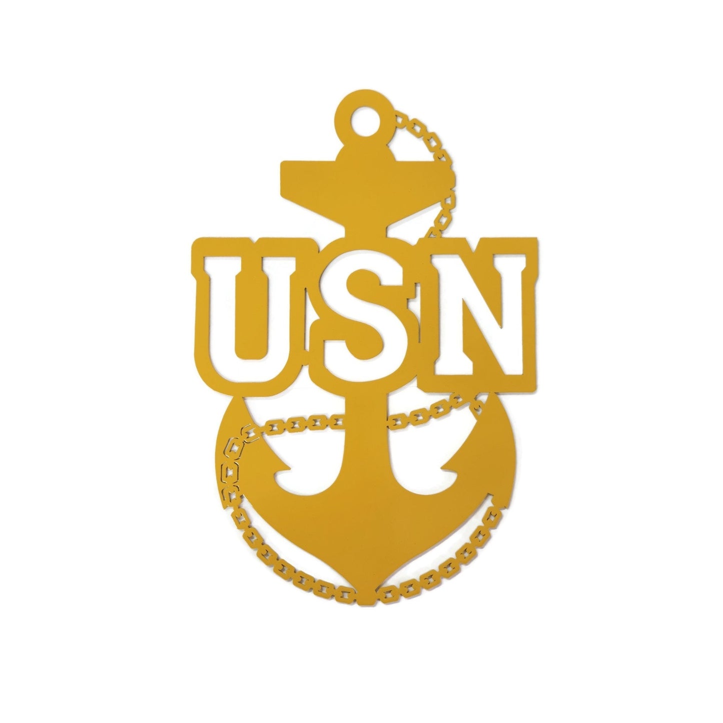 Dark yellow powder coat fouled anchor metal wall sign with USN text