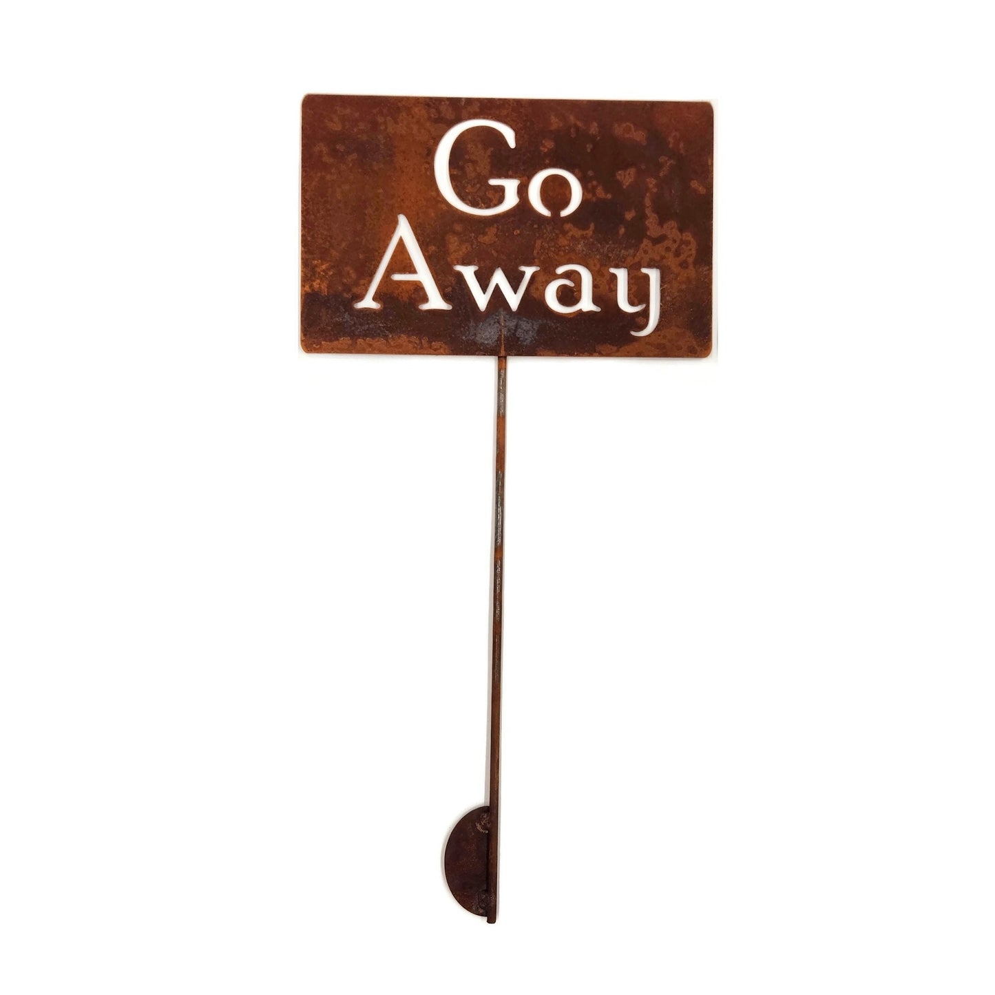 Go Away rusty garden stake sign