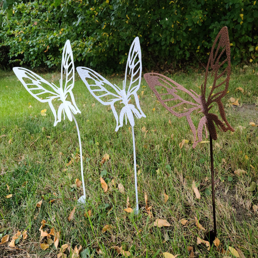 Metal butterfly garden stake in white, gray and silver vein, and copper powder coat