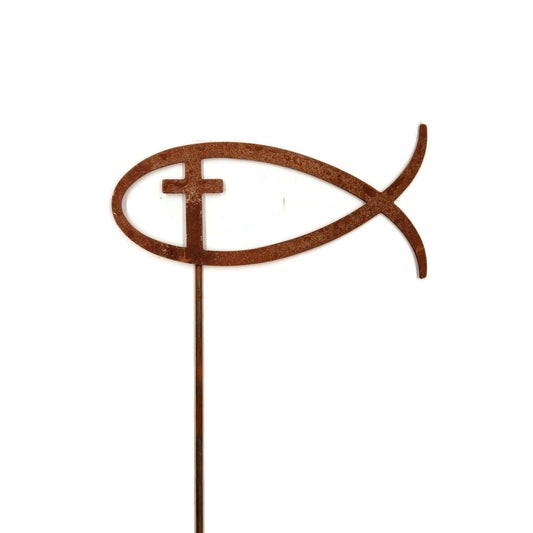 Metal rusty jesus fish with cross garden stake