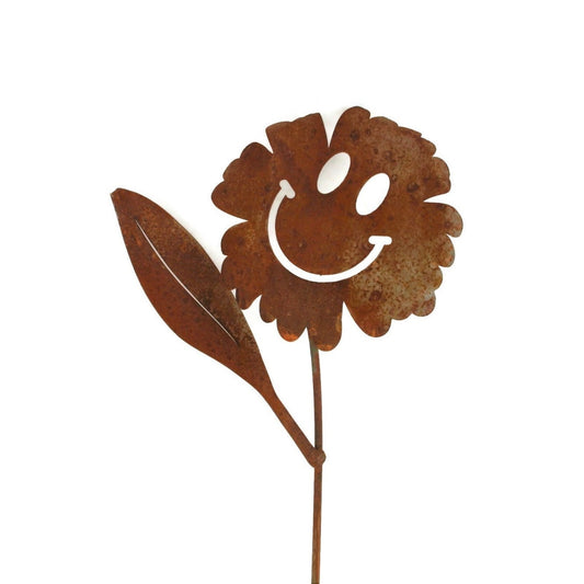 Rusty waving smiley daisy metal garden stake