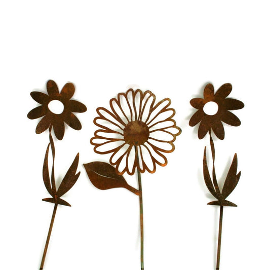 Rusty daisy and two twisty daisy metal garden stakes