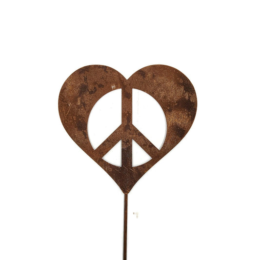 Rusty peace heart metal garden stake