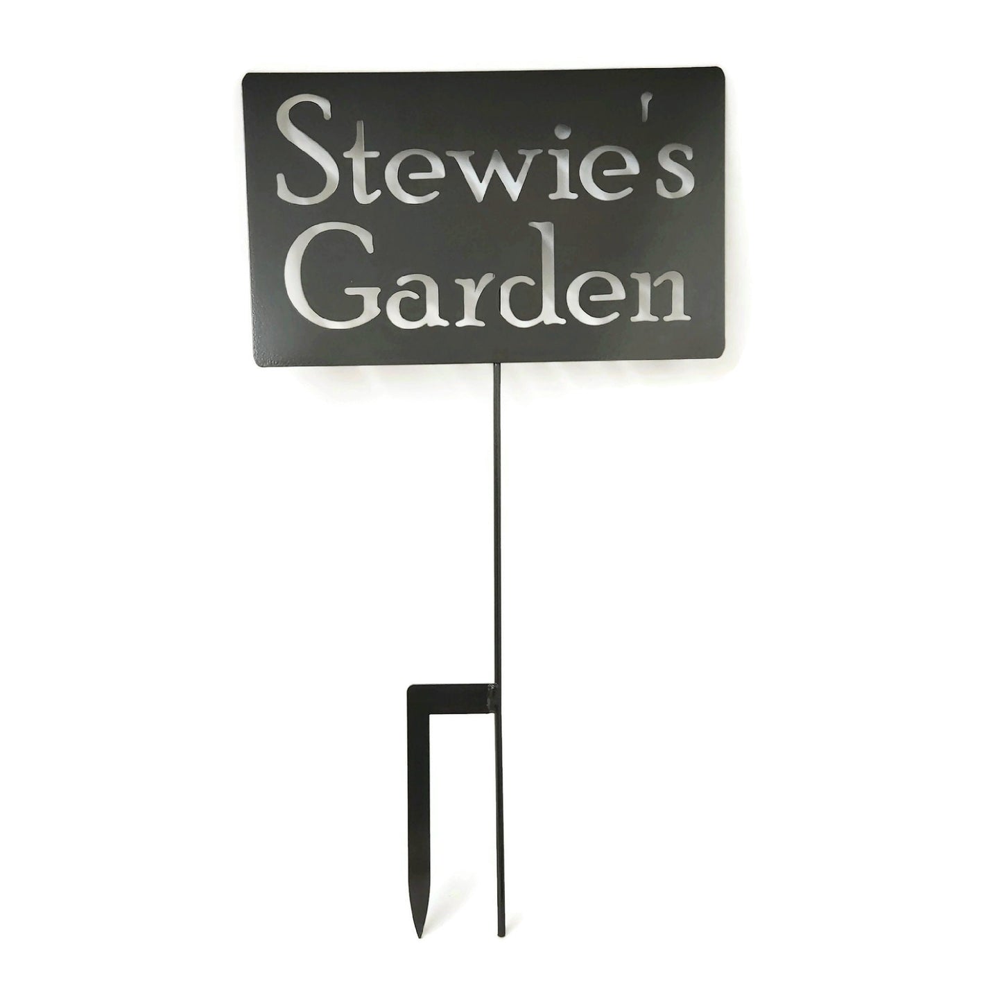 Custom large metal garden stake in gray powder coat with Stewie's Garden for text