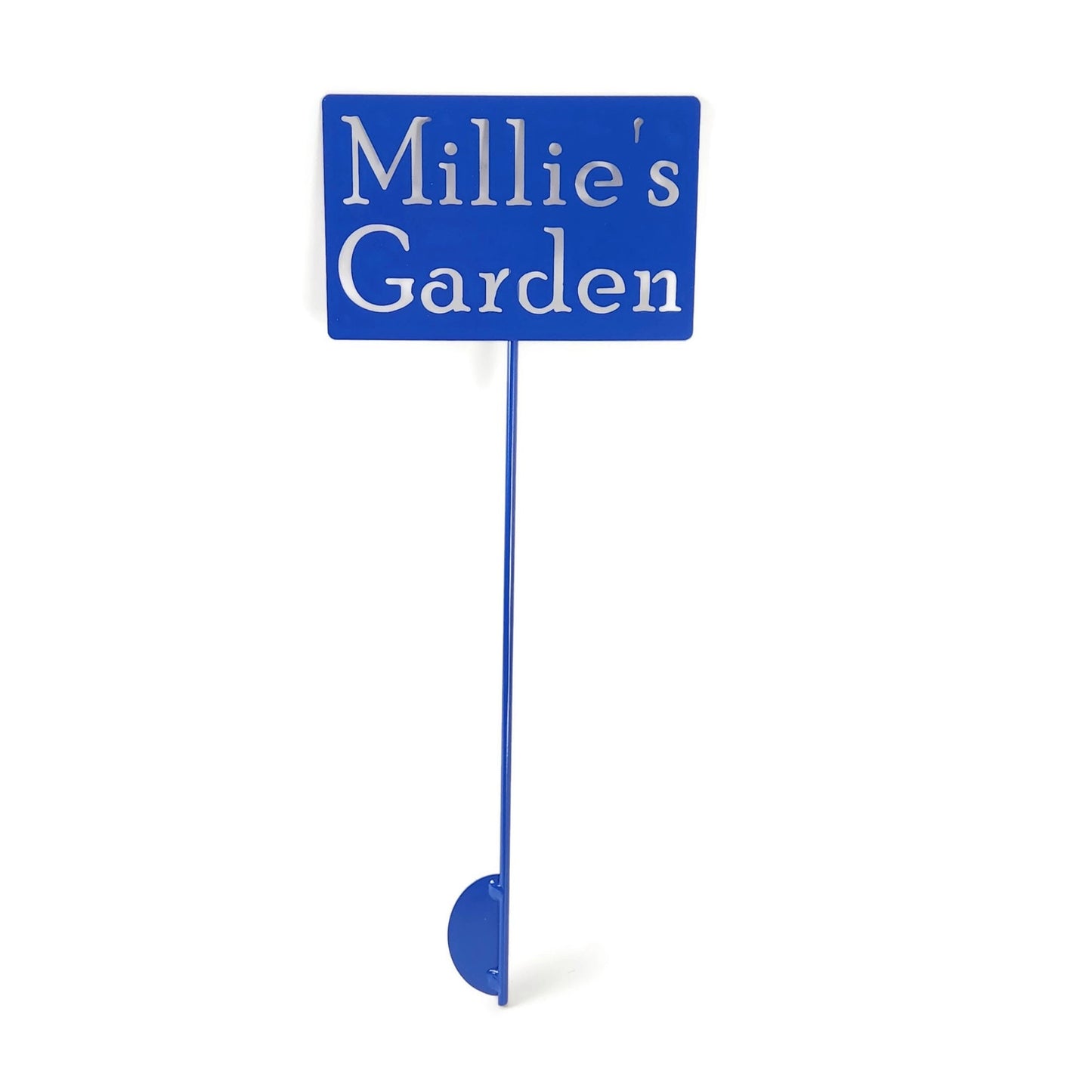 Custom metal garden stake in blue powder coat with Millie's Garden for text