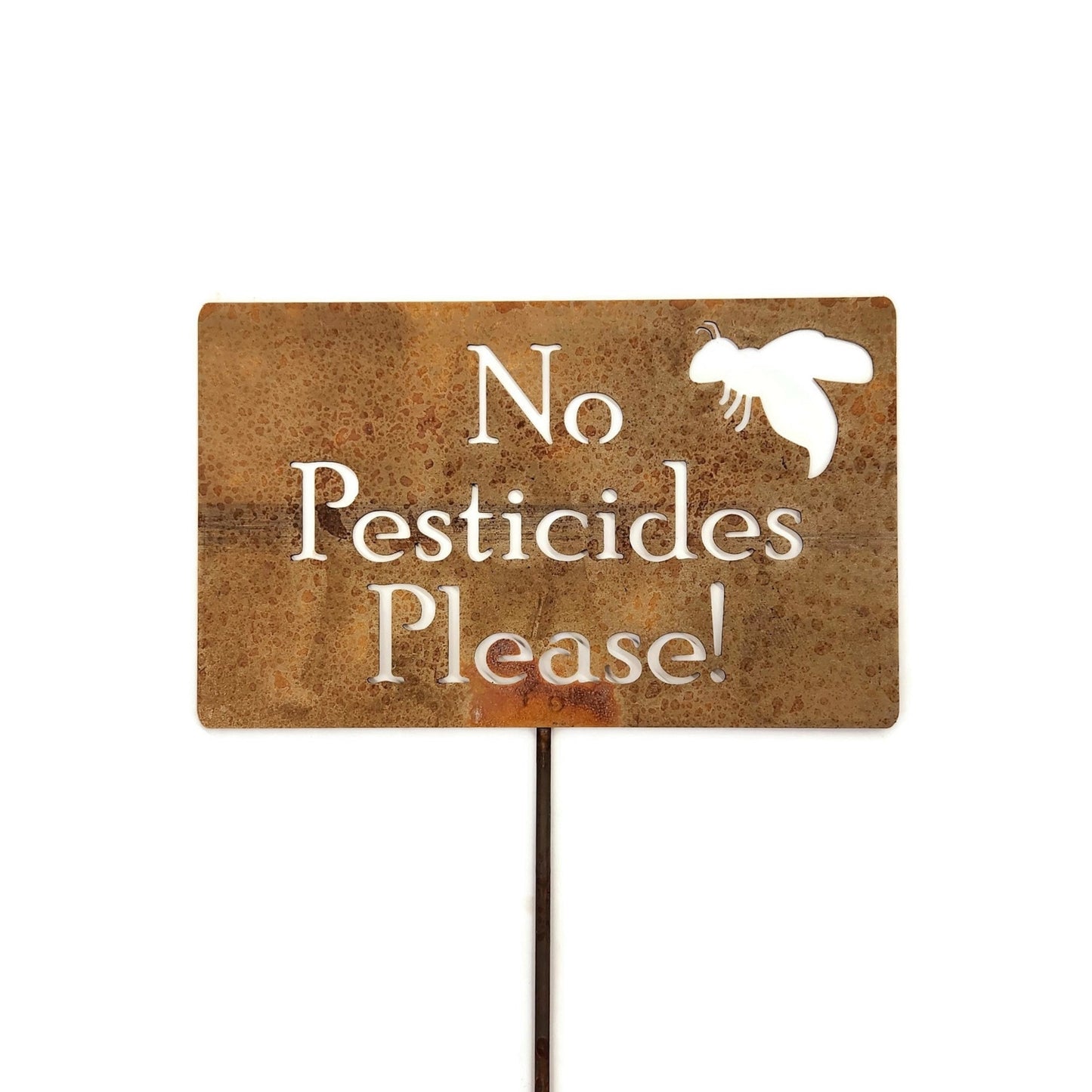 No Pesticides with bee rusty garden stake sign
