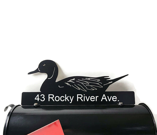 Black mallard duck custom mailbox topper with address installed on a mailbox