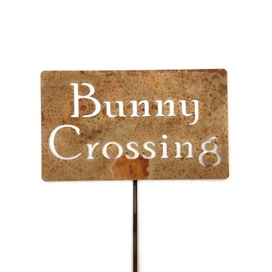 Bunny Crossing rusty garden stake sign