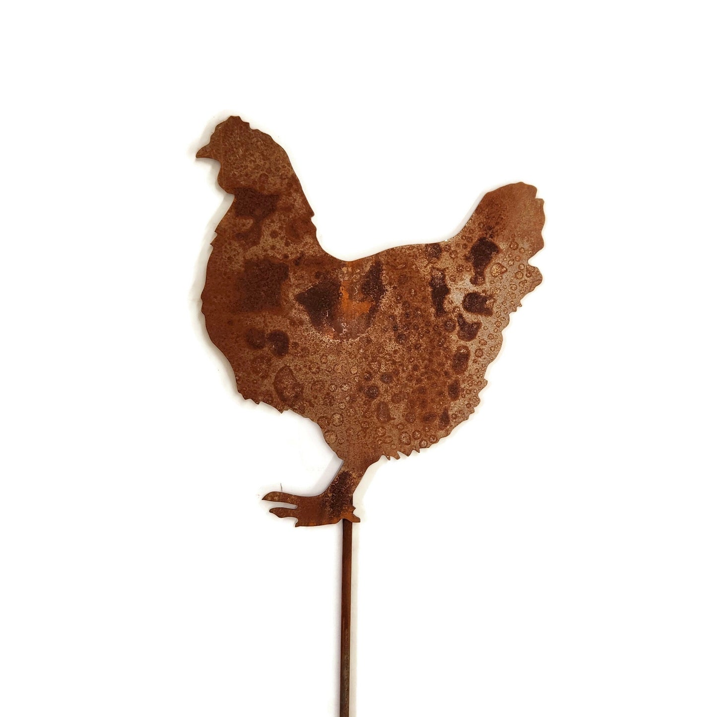 Rusty metal chicken garden stake