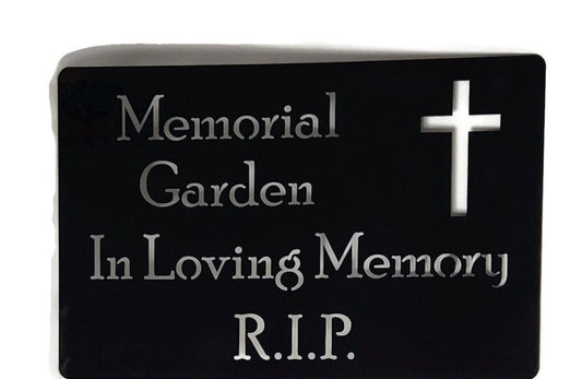 Custom XL metal garden stake sign in black powder coat with a cross and Memorial Garden In Loving Memory R.I.P. for text