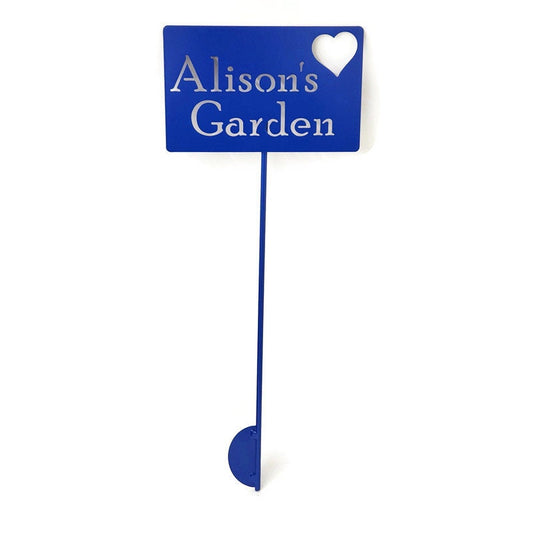 Custom metal garden stake sign in blue powder coat with a heart and Alison's Garden for text