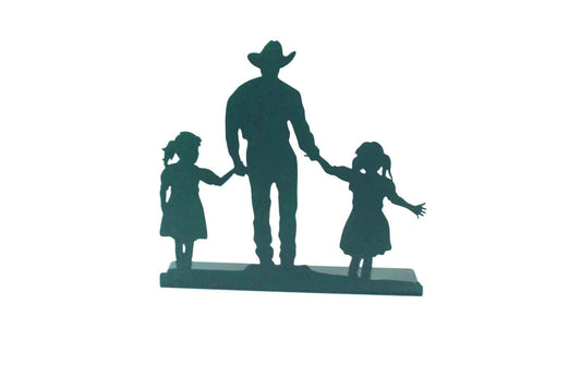 Copper patina green powder coat metal cowboy and daughters tabletop stand