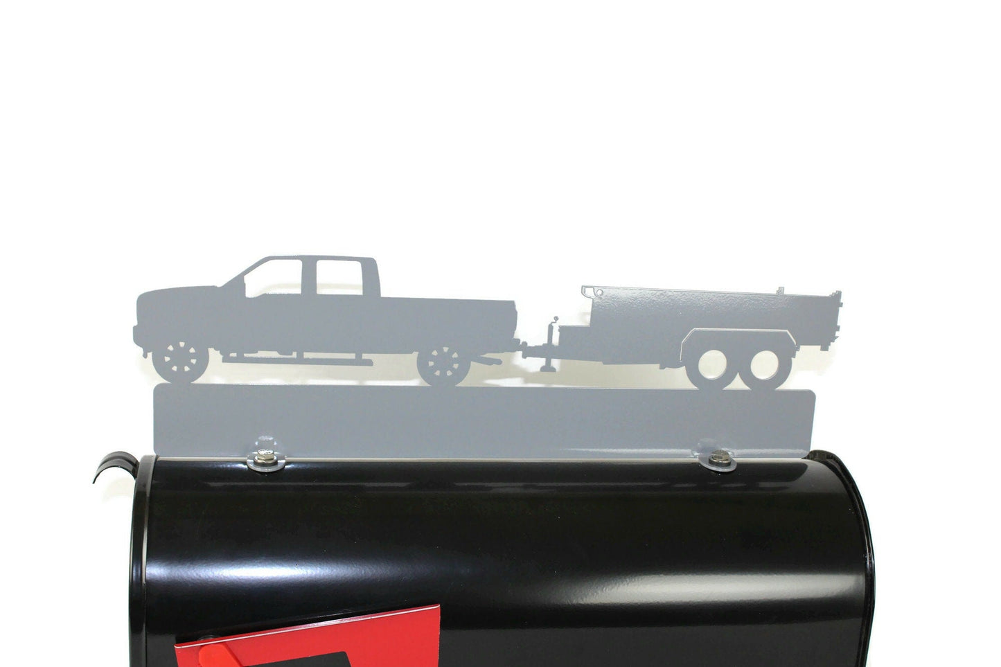 Gray pickup and dump trailer custom mailbox topper installed on a mailbox
