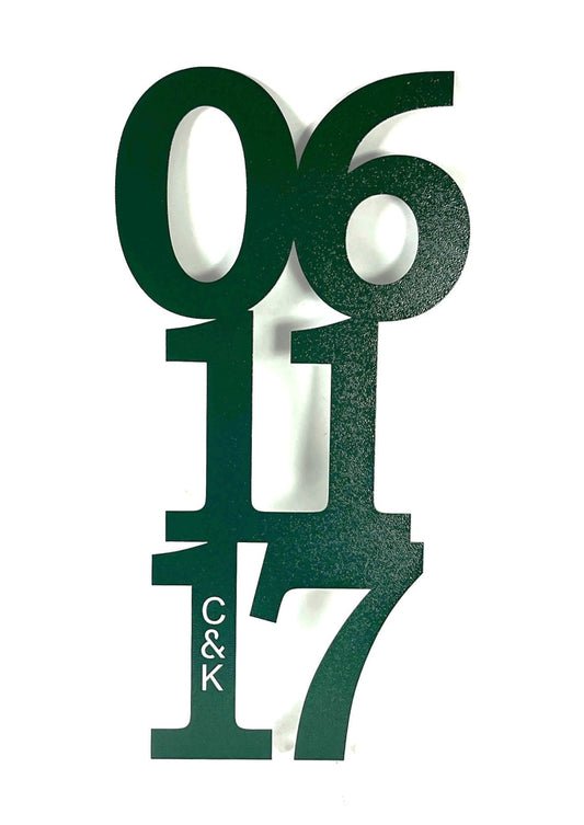 Hammered dark green powder coat metal wall art with anniversary date and initials