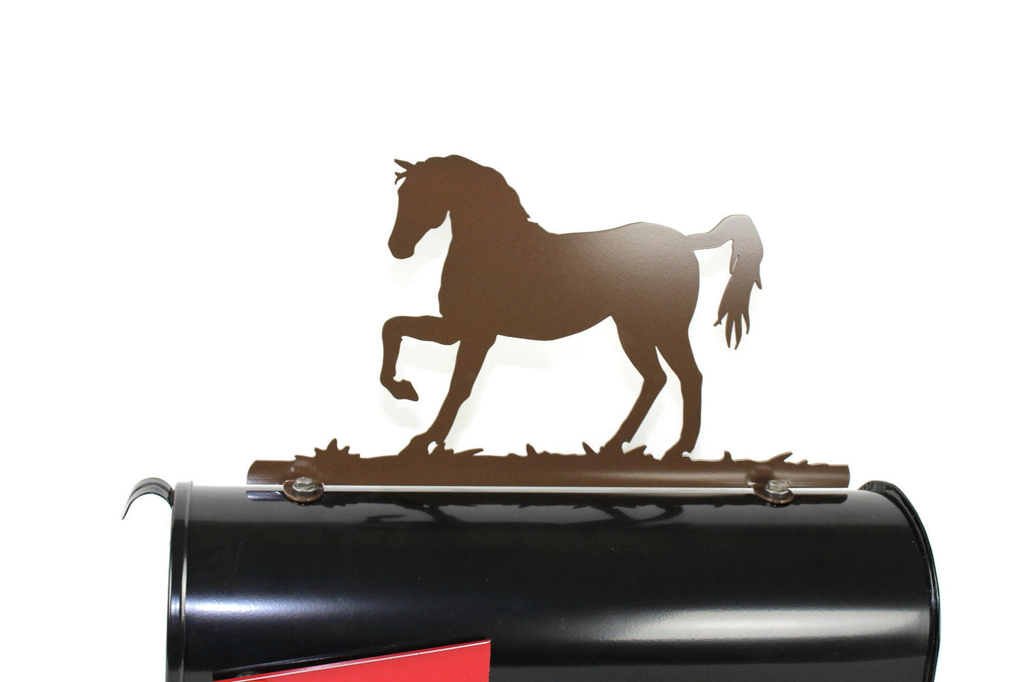 Gloss brown standing horse mailbox topper installed on a mailbox