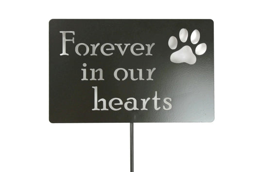 Forever in our Hearts paw print black powder coated garden stake sign
