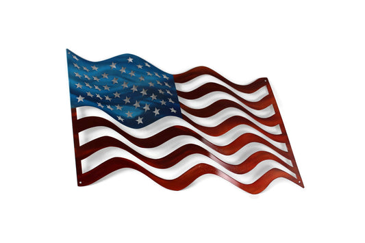 Blue and red stainless steel waving American flag wall art