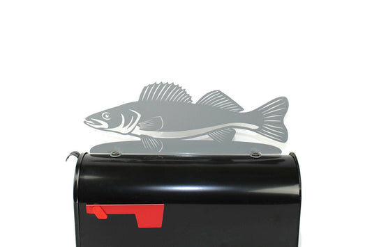 Gray walleye fish mailbox topper installed on a mailbox